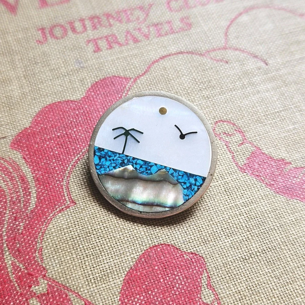 Vtg Alpaca Mexico Inlay Brooch Turquoise Abalone Palm Bird Coastal Beach Pin